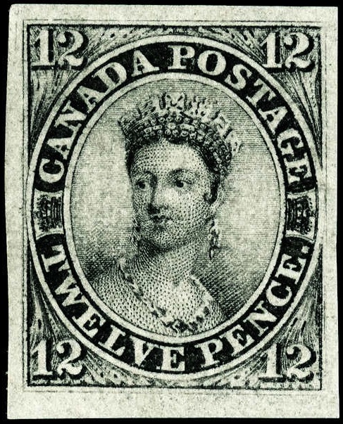 Canada 1851 12d Black Queen Victoria stamp.